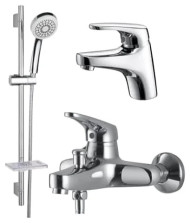 Комплект KAISER 5500К County: смеситель 55011 для раковины, смеситель 55022 и стойка R-1100 для ванны, хром