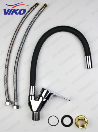 Смеситель VIKO V-4128 для кухни, с гибким ЧЁРНЫМ изливом, Хром