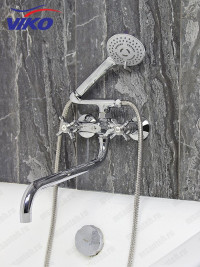 Смеситель VIKO V-1115 для ванны, излив 35см, маховики крест керамика, переключатель картриджный