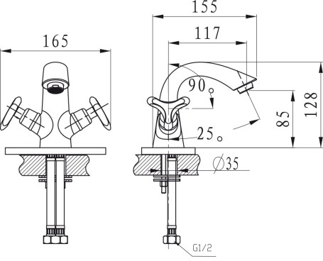 Смеситель KAISER 57011-2 Trio для раковины, черный матовый