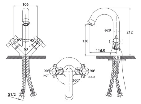 Смеситель KAISER 41011-1 Cross для раковины, бронзовый