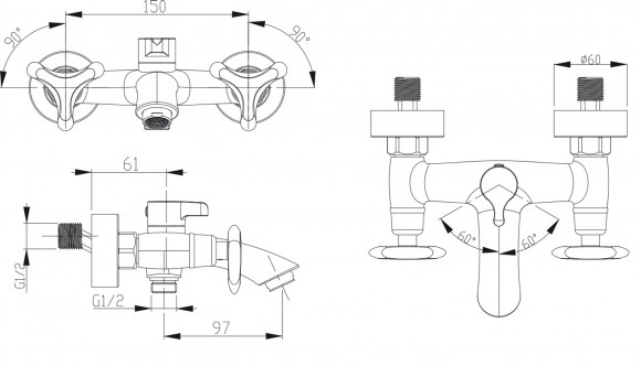 Смеситель KAISER 57022-1 Trio для ванны Смеситель KAISER 57022-1 Trio для ванны