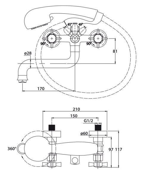Смеситель KAISER 41022 Cross для ванны