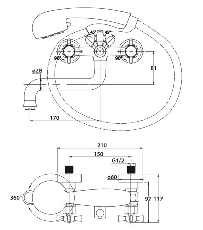 Смеситель KAISER 41022-1 Cross для ванны