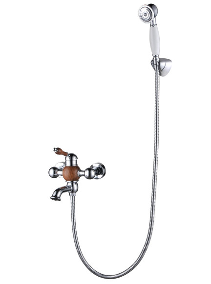 Смеситель KAISER 61022 Wood для ванны, Хром, латунь, дерево (лейка SH-150)