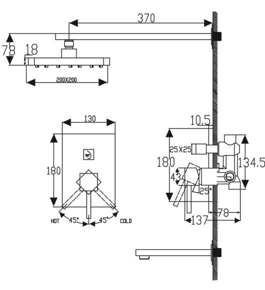 Душевая система KAISER 25270 Quadris с изливм, скрытого монтажа Душевая система KAISER 25270 Quadris с изливм, скрытого монтажа