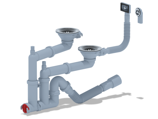 Сифон АНИ Пласт F3545SA15 двойной 3 1/2"*40 смещ. с отводом круг. и прямоуг. переливом с г/тр. 40х40/50