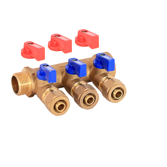 Коллектор TIM м/п 3/4" х 16 х 3 вых. универсальный (кр+син ручки)