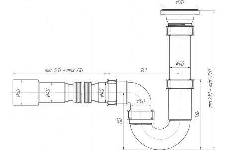 Сифон АНИ Пласт D0115 для умывальника трубный, 1 1/2x40, гофра, 40х40/50, нержавеющая сетка
