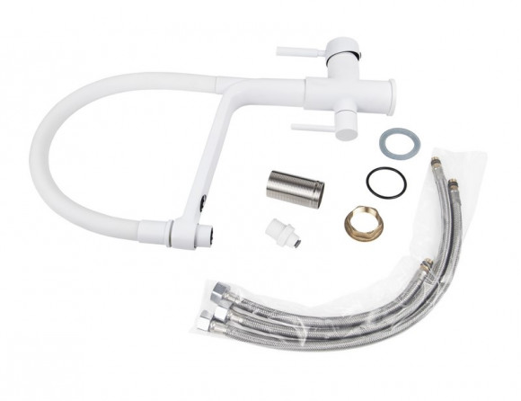 Смеситель для кухни с краном для питьевой воды VIKO V-5604 Ø35 с белым гибким изливом White (латунь) Смеситель для кухни с краном для питьевой воды VIKO V-5604 Ø35 с белым гибким изливом White (латунь)