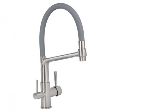 Смеситель для кухни с краном для питьевой воды VIKO V-5608 с гибким серым изливом Silver (латунь) Ø35