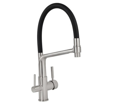 Смеситель VIKO V-5605 Silver для кухни с краном для питьевой воды с черным гибким изливом (латунь) Ø35