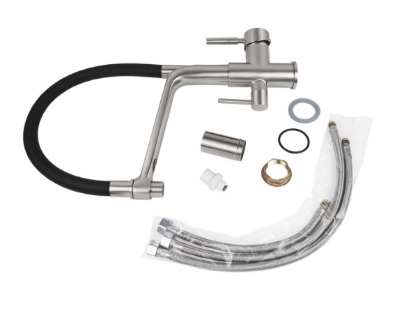 Смеситель VIKO V-5605 Silver для кухни с краном для питьевой воды с черным гибким изливом (латунь) Ø35