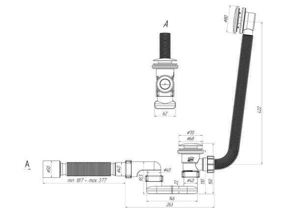 Сифон АНИ Пласт ЕС055GS для ванны, клик-клак, плоский (грибок-сетка)